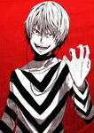  :d accelerator attsun_(atsushi_jb) bangs choker earphones hair_between_eyes hand_up limited_palette long_sleeves looking_at_viewer male_focus open_mouth red_background red_eyes sanpaku smile solo to_aru_majutsu_no_index v-shaped_eyebrows 