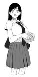  :o absurdres bag bangs book breast_pocket breasts collared_shirt cropped_legs fingernails greyscale highres holding holding_book large_breasts looking_at_viewer monochrome necktie open_book open_mouth original pleated_skirt pocket school_bag school_uniform shirt shoulder_bag simple_background skirt solo standing vice_(kuronekohadokoheiku) white_background wide-eyed wing_collar 