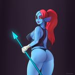  anthro big_butt blue_skin breasts butt chelodoy clothing eye_patch eyewear female fish hair long_hair looking_back marine melee_weapon polearm ponytail red_hair side_boob solo spear undertale underwear undyne video_games weapon yellow_eyes 