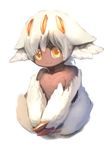  animal_ears bangs claws commentary_request dark_skin faputa fewer_digits fur looking_at_viewer made_in_abyss manino_(mofuritaionaka) monster_girl multiple_arms nude orange_eyes paws short_hair simple_background smile solo v_arms white_background white_hair 