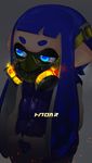  bangs blue_eyes blue_hair blue_vest blunt_bangs domino_mask gas_mask glowing highres inkling inkling_(language) kashu_(hizake) long_hair long_sleeves mask pointy_ears shirt solo splatoon_(series) splatoon_1 standing upper_body vest white_shirt 