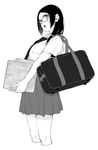  absurdres bag breast_pocket breasts cropped_legs from_side glasses greyscale highres holding large_breasts looking_at_viewer looking_to_the_side monochrome original pleated_skirt pocket ponytail school_bag school_uniform shirt short_sleeves shoulder_bag simple_background skirt solo standing sweatdrop vice_(kuronekohadokoheiku) white_background 