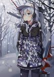  auger bangs bare_tree black_legwear blue_eyes bucket camouflage camouflage_jacket commentary cowboy_shot earmuffs flat_cap fur_trim hair_between_eyes hands_in_pockets hat hibiki_(kantai_collection) highres holding huwali_(dnwls3010) kantai_collection long_hair looking_to_the_side miniskirt outdoors pantyhose pleated_skirt revision rigging silver_hair skirt snow solo standing tree verniy_(kantai_collection) 
