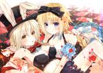  alice_(wonderland) alice_(wonderland)_(cosplay) alice_in_wonderland alternate_costume animal_ears blonde_hair blue_eyes braid breasts bunny_ears checkered checkered_floor cleavage commentary cosplay cup dual_persona fake_animal_ears fate/grand_order fate_(series) hat holding iroha_(shiki) jeanne_d'arc_(alter)_(fate) jeanne_d'arc_(fate) jeanne_d'arc_(fate)_(all) long_hair looking_at_viewer lying medium_breasts multiple_girls navel on_stomach parted_lips petals shorts silver_hair single_braid smile tea teacup thighhighs top_hat white_rabbit white_rabbit_(cosplay) yellow_eyes zettai_ryouiki 