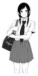  absurdres bag breast_pocket closed_mouth cropped_legs greyscale highres looking_at_viewer low_twintails monochrome necktie original pleated_skirt pocket school_bag school_uniform shirt shoulder_bag simple_background skirt smile solo standing twintails vice_(kuronekohadokoheiku) white_background 