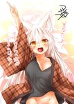  :d animal_ear_fluff animal_ears arm_up bottomless breasts casual cleavage collarbone commentary_request fox_ears groin hanten_(clothes) index_finger_raised kohaku_(yua) long_hair looking_at_viewer medium_breasts open_mouth original out-of-frame_censoring plaid pointing pointing_up shirt smile solo t-shirt translation_request unmoving_pattern white_hair yellow_eyes yua_(checkmate) 