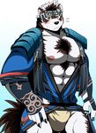  2017 abs anthro bearlovestiger13 biceps canine clothing fur headband horkeukamui loincloth male mammal multicolored_fur muscular muscular_male nipples pecs simple_background solo tokyo_afterschool_summoners white_fur wolf 
