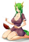  bare_legs barefoot black_choker black_neckwear breasts choker cleavage closed_mouth dragon_girl dragon_horns dragon_tail dream_demon dress eyebrows_visible_through_hair eyes_visible_through_hair green_hair holding horns huge_breasts looking_at_viewer mimikaki mole mole_under_mouth original patting_lap pointy_ears purple_dress red_eyes short_sleeves simple_background sitting smile solo tail wariza white_background 