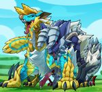  all_fours blitzdrachin blue_scales capcom cum cyan_scales dragon feral feral_on_feral knot male male/male monster monster_hunter multicolored_scales penis scales stygian_zinogre video_games yellow_scales zinogre 