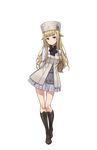  arms_behind_back blonde_hair blue_eyes boots brown_footwear cross-laced_footwear full_body hat hat_ornament highres knee_boots long_hair looking_at_viewer makaria official_art princess_(princess_principal) princess_principal princess_principal_game_of_mission smile solo standing transparent_background white_hat 