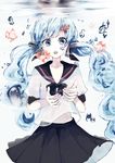  black_ribbon black_sailor_collar black_skirt blue_eyes blue_hair bottle_miku cowboy_shot eyebrows_visible_through_hair fish goldfish hatsune_miku highres liquid_hair long_hair looking_at_viewer neck_ribbon p2_(uxjzz) parted_lips pleated_skirt ribbon sailor_collar school_uniform serafuku shirt short_sleeves skirt solo twintails underwater vocaloid white_shirt 