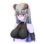  bangs bare_shoulders black_gloves blue_skin blush breasts closed_mouth covered_nipples crop_top demon_horns dream_demon elbow_gloves embarrassed eyebrows_visible_through_hair gloves hair_between_eyes horns impossible_clothes large_breasts long_hair looking_at_viewer monster_girl original pointy_ears purple_skin red_eyes silver_hair simple_background skin_tight slit_pupils solo upper_body v-shaped_eyebrows white_background 