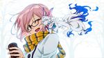  :d alternate_costume anime_coloring bare_tree black-framed_eyewear creature eyebrows_visible_through_hair fate/grand_order fate_(series) fou_(fate/grand_order) glasses highres holding long_sleeves looking_at_another mash_kyrielight on_shoulder one_eye_closed open_mouth outdoors pink_eyes pink_hair scarf short_hair smile tomato_(lsj44867) tree 