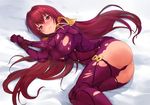  armor ass bodysuit bound bound_wrists breasts crystal_shoujo fate/grand_order fate_(series) hair_intakes large_breasts long_hair looking_at_viewer pauldrons purple_bodysuit purple_hair red_eyes scathach_(fate)_(all) scathach_(fate/grand_order) shoulder_armor solo torn_clothes 