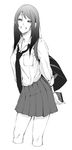  :d absurdres arms_behind_back bag bangs breast_pocket cellphone cropped_legs greyscale highres holding holding_phone long_hair long_sleeves looking_at_viewer monochrome necktie open_mouth original phone pleated_skirt pocket school_bag school_uniform shirt shoulder_bag simple_background skirt smartphone smile solo standing vice_(kuronekohadokoheiku) white_background 