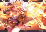  blonde_hair breasts commentary_request cowboy_shot daikoku_osamu facial_mark fate/grand_order fate_(series) ibaraki_douji_(fate/grand_order) japanese_clothes kimono looking_at_viewer oni oni_horns parted_lips small_breasts smile solo tattoo wide_sleeves yellow_eyes 