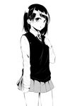  attsun_(atsushi_jb) bangs blunt_bangs blush collared_shirt cowboy_shot greyscale hand_on_own_chest long_sleeves looking_at_viewer monochrome necktie original parted_lips pleated_skirt shirt short_hair simple_background skirt solo standing vest white_background wing_collar 
