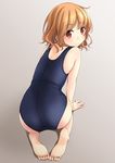  all_fours ass barefoot blush brown_hair feet from_behind gradient gradient_background grey_background highres looking_at_viewer looking_back one-piece_swimsuit original red_eyes school_swimsuit shibacha short_hair soles solo swimsuit toes wavy_hair 