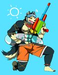  2017 abs anthro bearlovestiger13 canine clothing dog fur garmr male mammal multicolored_fur muscular muscular_male simple_background summer swimsuit tokyo_afterschool_summoners tongue 