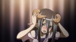  anime_coloring bare_shoulders black_hair blush brown_eyes d: dragon_girl dream_demon eyebrows_visible_through_hair eyes_visible_through_hair furrowed_eyebrows hair_between_eyes hands_up horn_grab horned_girl_(dream_demon) horns looking_at_viewer monster_girl open_mouth original pointy_ears shirt solo upper_body 
