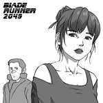  1girl bandaid bandaid_on_face blade_runner blade_runner_2049 coat commentary_request cyberpunk facial_hair greyscale joi k_(blade_runner_2049) kensuke_(55) lips logo looking_at_viewer mole monochrome ponytail science_fiction sketch 