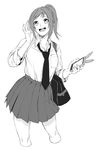  :d absurdres bag breast_pocket cellphone cropped_legs greyscale hand_up highres holding holding_phone looking_at_viewer monochrome necktie open_mouth original phone pleated_skirt pocket school_bag school_uniform shirt shoulder_bag simple_background skirt smartphone smile solo standing vice_(kuronekohadokoheiku) white_background 