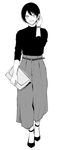  :d absurdres bag belt earrings fuji_izumi full_body greyscale hand_up handbag high_heels highres jewelry long_sleeves mole mole_under_eye monochrome no_socks open_mouth original puffy_pants short_hair simple_background smile solo sweater vice_(kuronekohadokoheiku) watch white_background wristwatch 