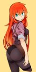  :p amano_tora aqua_eyes ass earrings from_behind highres jewelry kazenoko long_hair looking_at_viewer looking_back necktie orange_hair original pantyhose simple_background solo tongue tongue_out 