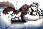 2017 abs anthro bearlovestiger13 bed biceps canine fur headband horkeukamui male mammal multicolored_fur muscular muscular_male pecs pillow simple_background solo tokyo_afterschool_summoners white_fur wolf 