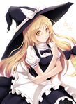  absurdres black_bow black_dress blonde_hair bow bowtie dress frilled_dress frills hair_bow hat hat_bow highres kirisame_marisa kuroneko_(hmilk) long_hair ribbon smile solo star touhou tsuki_ni_kawatte_oshioki_yo white_bow witch_hat yellow_eyes 