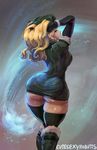  arms_up ass black_legwear blonde_hair blue_eyes boots breasts cutesexyrobutts gloves highres kolin long_hair looking_at_viewer looking_back medium_breasts skindentation solo street_fighter street_fighter_v thick_thighs thighhighs thighs tumblr_username 