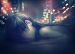  black_hair blurry bokeh city city_lights dark depth_of_field lens_flare long_hair looking_at_viewer looking_to_the_side lying namihaya night nude on_stomach open_mouth original piercing solo texture upper_body 