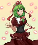  bow commentary_request corset dress frilled_ribbon frills front_ponytail gradient gradient_background green_eyes green_hair hair_bow hair_ribbon kagiyama_hina looking_at_viewer petals red_bow red_dress red_ribbon ribbon royaleden sketch smile solo touhou 