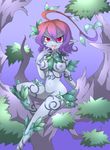  2016 amauchi breasts female flora_fauna hair leaf looking_at_viewer monster_girl monster_girl_(genre) monster_girl_quest mostly_nude nipples open_mouth outside plant purple_eyes purple_hair purple_skin sitting sky solo tongue tongue_out tree video_games wood 