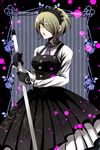  black_dress black_gloves black_hairband blue_neckwear danganronpa dress eyebrows_visible_through_hair gloves green_eyes green_hair hair_over_one_eye hairband hasumi_hiko holding looking_at_viewer maid necktie new_danganronpa_v3 open_mouth pinafore_dress shirt short_hair sleeveless sleeveless_dress solo standing toujou_kirumi white_shirt 