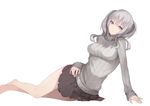  arm_support bangs black_skirt breasts commentary_request grey_eyes grey_hair grey_sweater highres inushi kantai_collection kashima_(kantai_collection) legs long_hair looking_at_viewer lying medium_breasts on_side parted_lips pleated_skirt ribbed_sweater sidelocks simple_background skirt solo sweater turtleneck turtleneck_sweater twintails white_background 
