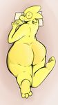  2017 5_fingers alphys anthro big_butt blush body_pillow breasts buckteeth butt butt_blush dakimakura_design digital_media_(artwork) epitaphkho_(artist) eyewear feet female glasses hi_res huge_butt looking_at_viewer looking_back lying nude pillow presenting presenting_hindquarters reptile scalie simple_background slightly_chubby solo teeth thick_thighs undertale video_games wide_hips wide_thighs 