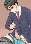  1boy blush cum erection glasses kanbayashi_takaki male_focus penis sitting solo student undressing 