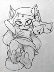  3_toes almonds_(artist) anthro barefoot black_and_white breasts cartoon_hangover cat claire_(the_summoning) claws clothing dress feet feline female foot_focus frown hair mammal monochrome notched_ear pentagram slippers soles solo the_summoning toe_claws toes traditional_media_(artwork) upskirt 