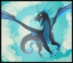  blue_hair blue_tongue claws digital_media_(artwork) dragon feral flying green_eyes hair long_mouth membranous_wings poisoned_(artist) solo wings 