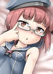  adjusting_eyewear bespectacled brown_eyes brown_hair commentary_request galbany_(tsgororin) glasses hat highres kantai_collection lying on_back sailor_hat semi-rimless_eyewear short_hair solo under-rim_eyewear z3_max_schultz_(kantai_collection) 