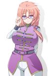  adjusting_eyewear belt bespectacled breasts epaulettes frown glasses gundam gundam_unicorn impossible_clothes joy_(cyber_x_heaven) large_breasts long_hair looking_at_viewer marida_cruz military military_uniform neo_zeon orange_hair pants ponytail purple_eyes red-framed_eyewear solo uniform vest white_pants 