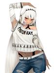  altera_(fate) alternate_costume arm_at_side arm_up bangs bare_shoulders belt blunt_bangs blush breasts casual closed_mouth clothes_writing commentary contemporary contrapposto cowboy_shot dark_skin denim fate/extra fate/grand_order fate_(series) i-pan legs_apart looking_at_viewer midriff navel pants red_eyes short_hair short_sleeves simple_background small_breasts solo standing tattoo torn_clothes torn_pants veil white_background white_hair 