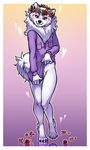  &lt;3 anthro bebecake black_nose blush border bottomless canine clothed clothing dog flower flower_crown fluffy fur girly gradient_background hindpaw looking_at_viewer male mammal paws penis plant samoyed shirt shirt_pull simple_background solo white_border white_fur 
