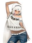  altera_(fate) alternate_costume arm_at_side arm_up bangs bare_arms bare_shoulders belt blunt_bangs blush breasts casual closed_mouth clothes_writing commentary contemporary contrapposto cowboy_shot dark_skin denim fate/extra fate/grand_order fate_(series) i-pan legs_apart looking_at_viewer midriff navel pants red_eyes revision short_hair short_sleeves simple_background small_breasts solo standing tattoo torn_clothes torn_pants veil white_background white_hair 