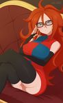  1girl adjusting_glasses android_21 artist_name ass bare_shoulders black-framed_glasses black_legwear black_nails blue_eyes blush breast_hold breasts closed_mouth couch dragon_ball dragon_ball_fighterz dress earrings elbow_gloves erect_nipples fingerless_gloves glasses gloves highres hoop_earrings large_breasts legs legs_crossed long_hair looking_at_viewer merunyaa nail_polish no_panties pussy red_hair sitting solo thighhighs thighs uncensored 