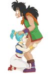  1girl black_hair boots bracelet breast_press breasts bulma dragon_ball dress eyes_closed feet fellatio full_body green_hair hands_on_head happy highres kneeling legs long_hair looking_up no_pants open_mouth oral penis ponytail rolling_eyes sandals scarf simple_background standing thighs uncensored vest white_background white_dress yamcha 