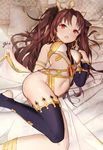  :o artist_name bangs black_legwear blush breasts brown_hair commentary_request earrings fate/grand_order fate_(series) gio_(maroon0924) hand_up hoop_earrings ishtar_(fate/grand_order) jewelry long_legs lying navel on_back open_mouth parted_bangs pillow red_eyes single_thighhigh small_breasts solo thighhighs thighs two_side_up 
