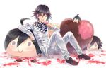  ;d black_footwear black_hair blood brown_eyes character_doll danganronpa eyebrows_visible_through_hair hair_between_eyes holding jacket male_focus new_danganronpa_v3 one_eye_closed open_mouth ouma_kokichi pants saihara_shuuichi simple_background sitting smile solo toruglose white_background white_jacket white_pants 