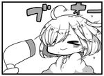  &gt;_&lt; :&gt; ahoge black_border blush border bubble chibi closed_eyes commentary eyebrows_visible_through_hair fate/grand_order fate_(series) greyscale hair_over_one_eye halftone highres jako_(jakoo21) mash_kyrielight monochrome onomatopoeia short_hair simple_background solo_focus v-shaped_eyebrows white_background 